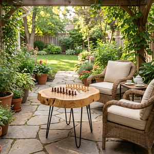 Round Solid Wood Chess Coffee Table with Organic Edge and Hairpin Legs