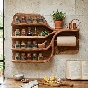 Handcrafted Solid Wood Kitchen Wall Organizer with Spice Shelves and Paper Towel Holder