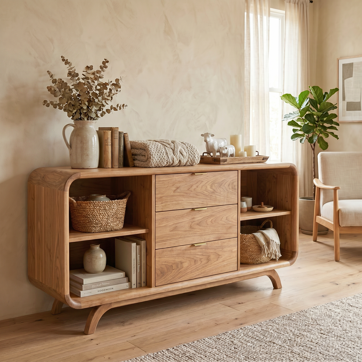 Handcrafted Solid Wood Sideboard with Three Drawers and Open Shelving
