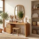 Solid Wood Vanity Desk with Rounded Drawer Pedestal and Waterfall Side