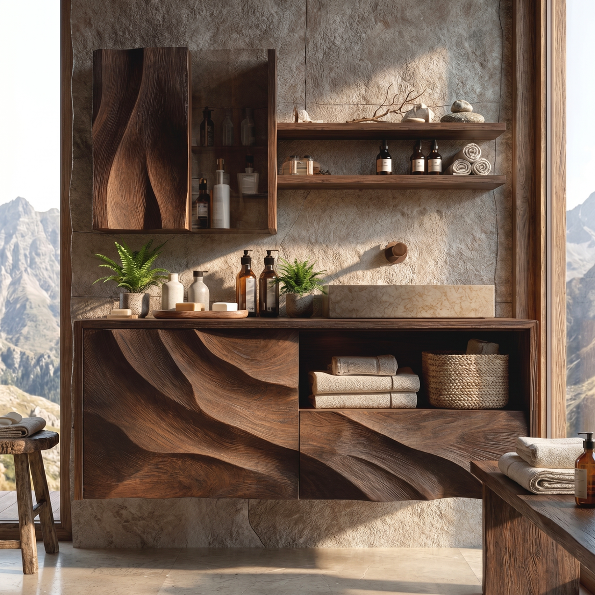 Sculpted Solid Wood Floating Bathroom Vanity with Layered Organic Relief