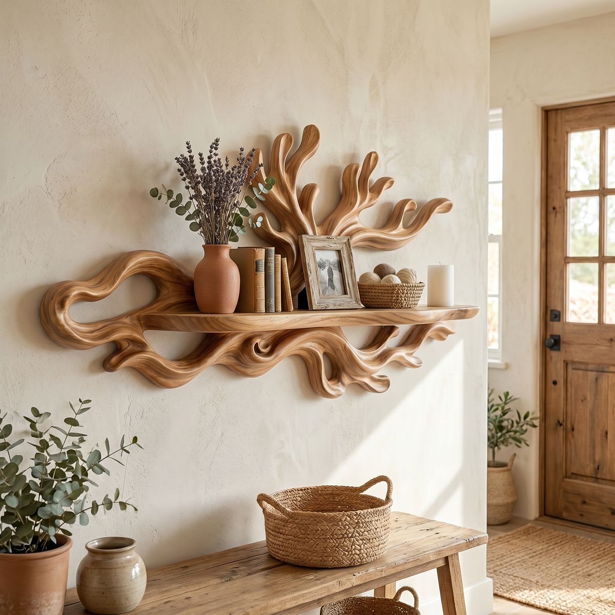 Organic Solid Wood Wave Crest Wall Shelf for Coastal Interiors