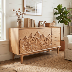 Handcrafted Solid Wood Mountain Carved Sideboard with Drawers and Cabinet Storage