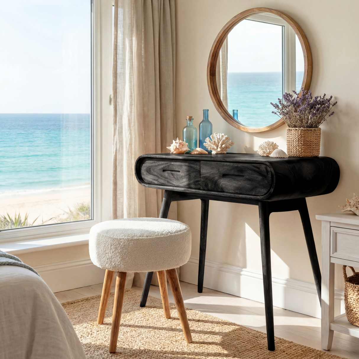 Curved Wood Vanity Table with Drawers, Mid Century Modern Dressing Table