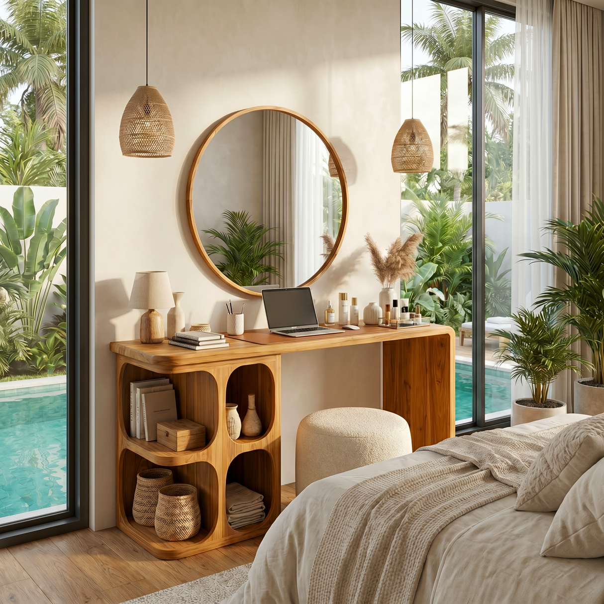 Organic Solid Wood Vanity Desk with Rounded Cubby Storage and Waterfall Panel
