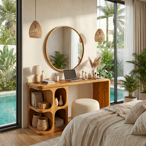 Organic Solid Wood Vanity Desk with Rounded Cubby Storage and Waterfall Panel