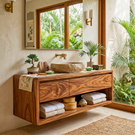 Floating Solid Wood Bathroom Cabinet Vanity with Rounded Modern Form