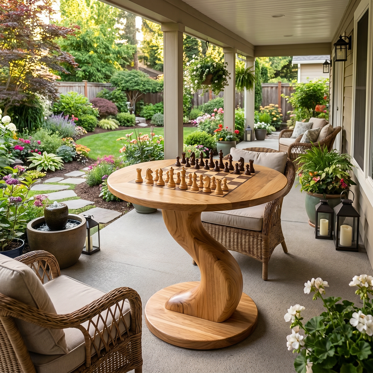 Handcrafted Round Solid Wood Chess Table with Twisted Pedestal Base