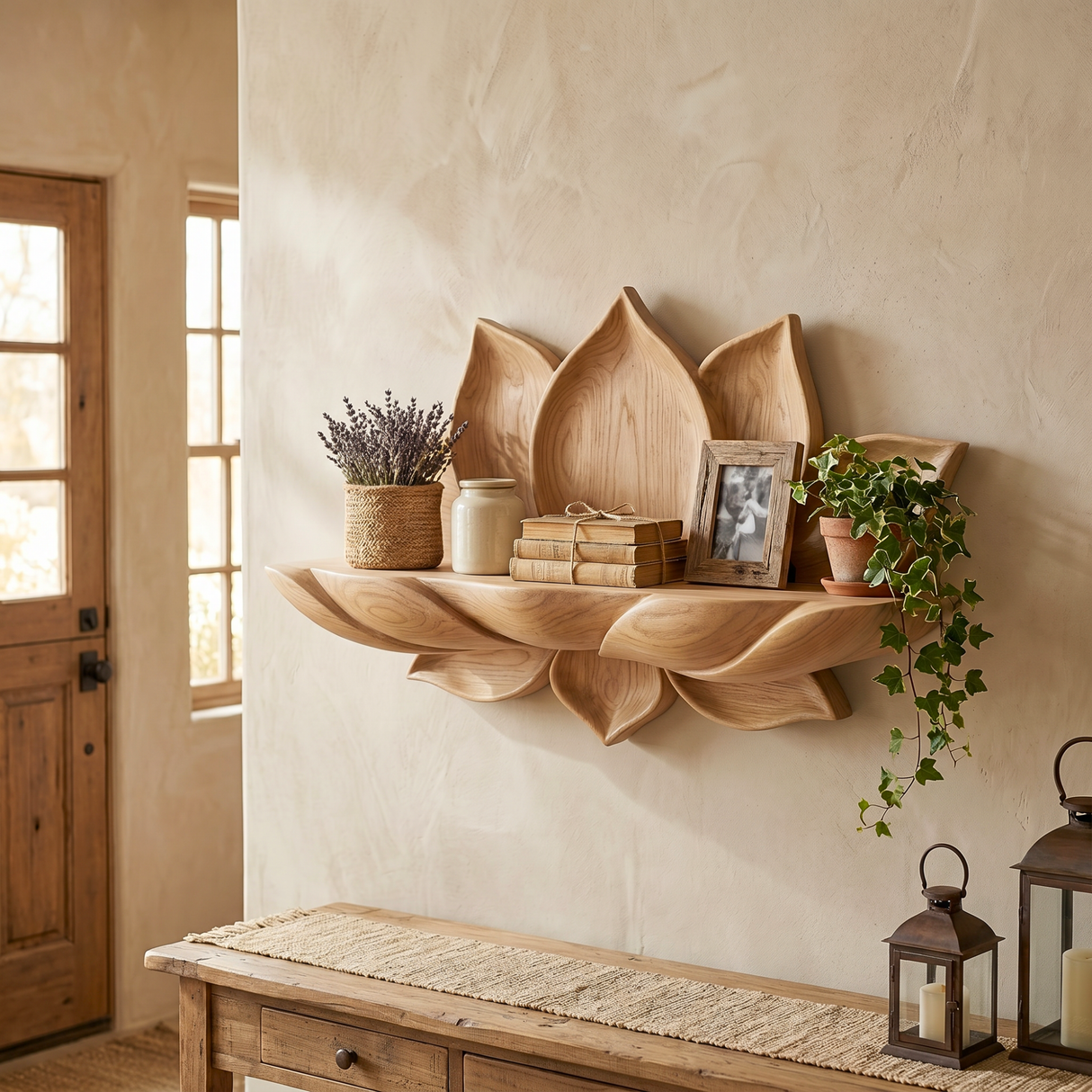 Handcrafted Natural Solid Wood Lotus Petal Wall Shelf for Decorative Display