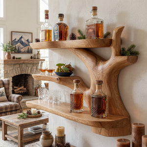 Handcrafted Solid Wood Wall Mounted Bar Shelf with Organic Open Display