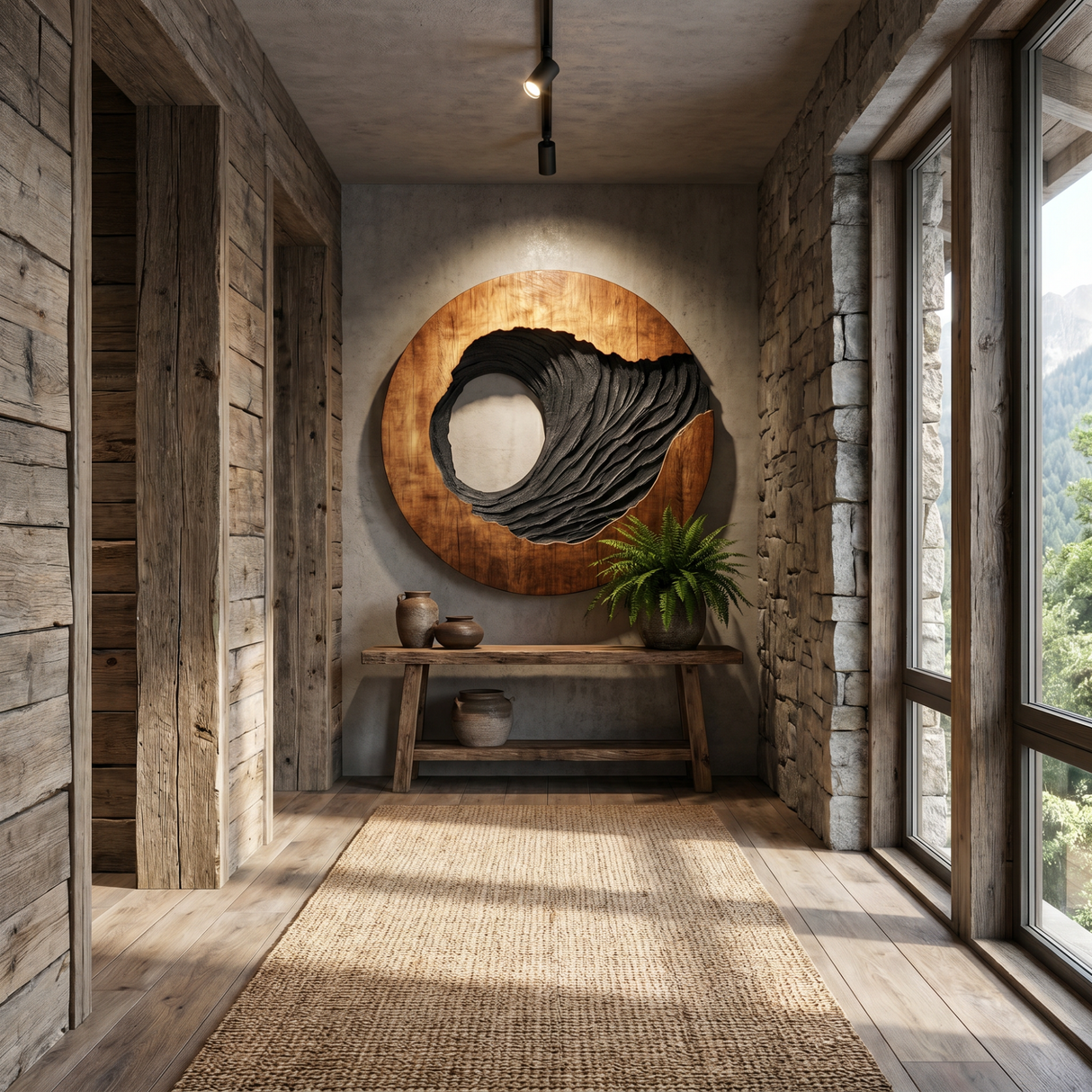 Oval Solid Wood Wall Art with Open Void and Black Carved Terrain Relief