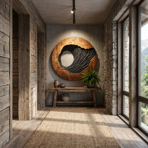Oval Solid Wood Wall Art with Open Void and Black Carved Terrain Relief