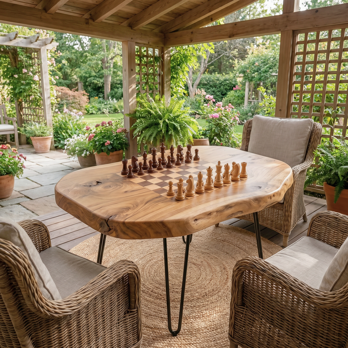 Live Edge Solid Wood Chess Coffee Table with Built In Game Board