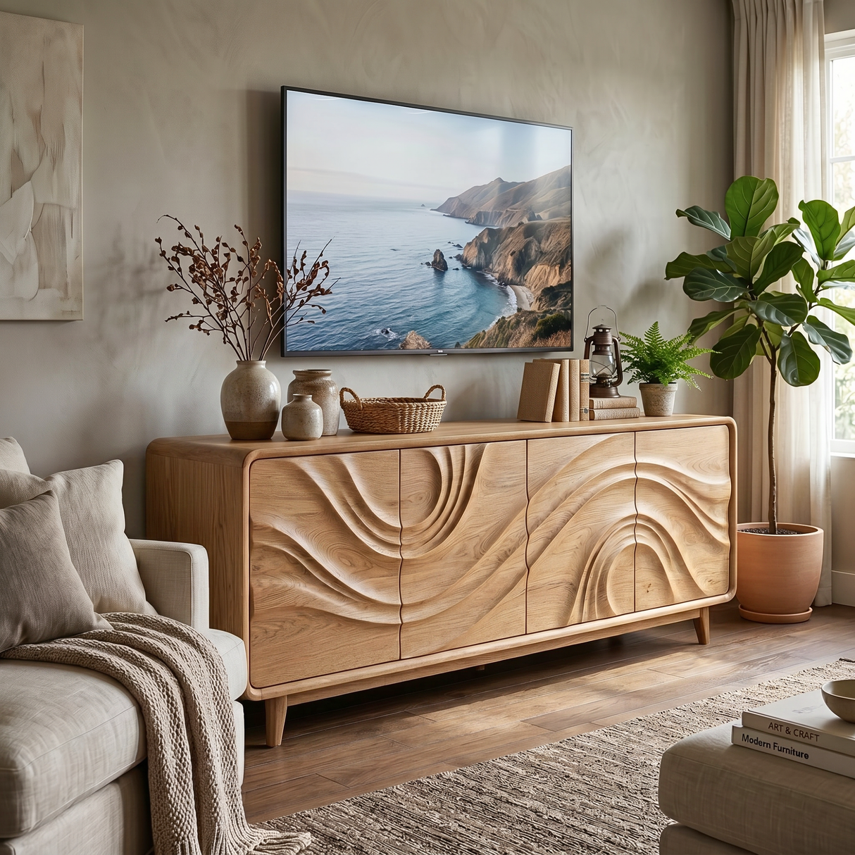 Solid Wood Four Door Media Sideboard with Sculpted Flow Front