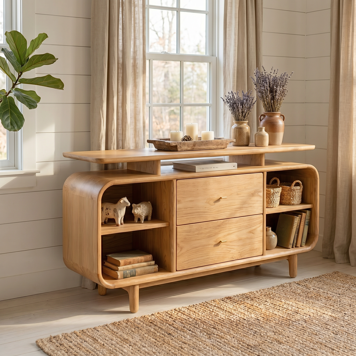 Handcrafted Solid Wood Raised Top Sideboard with Drawers and Open Shelves