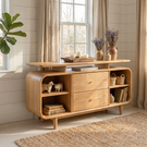Handcrafted Solid Wood Raised Top Sideboard with Drawers and Open Shelves