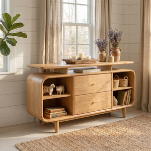 Handcrafted Solid Wood Raised Top Sideboard with Drawers and Open Shelves