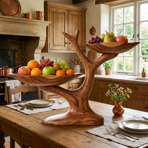 Handcrafted Two-Tier Solid Wood Fruit Bowl with Sculptural Tree Branch Stand