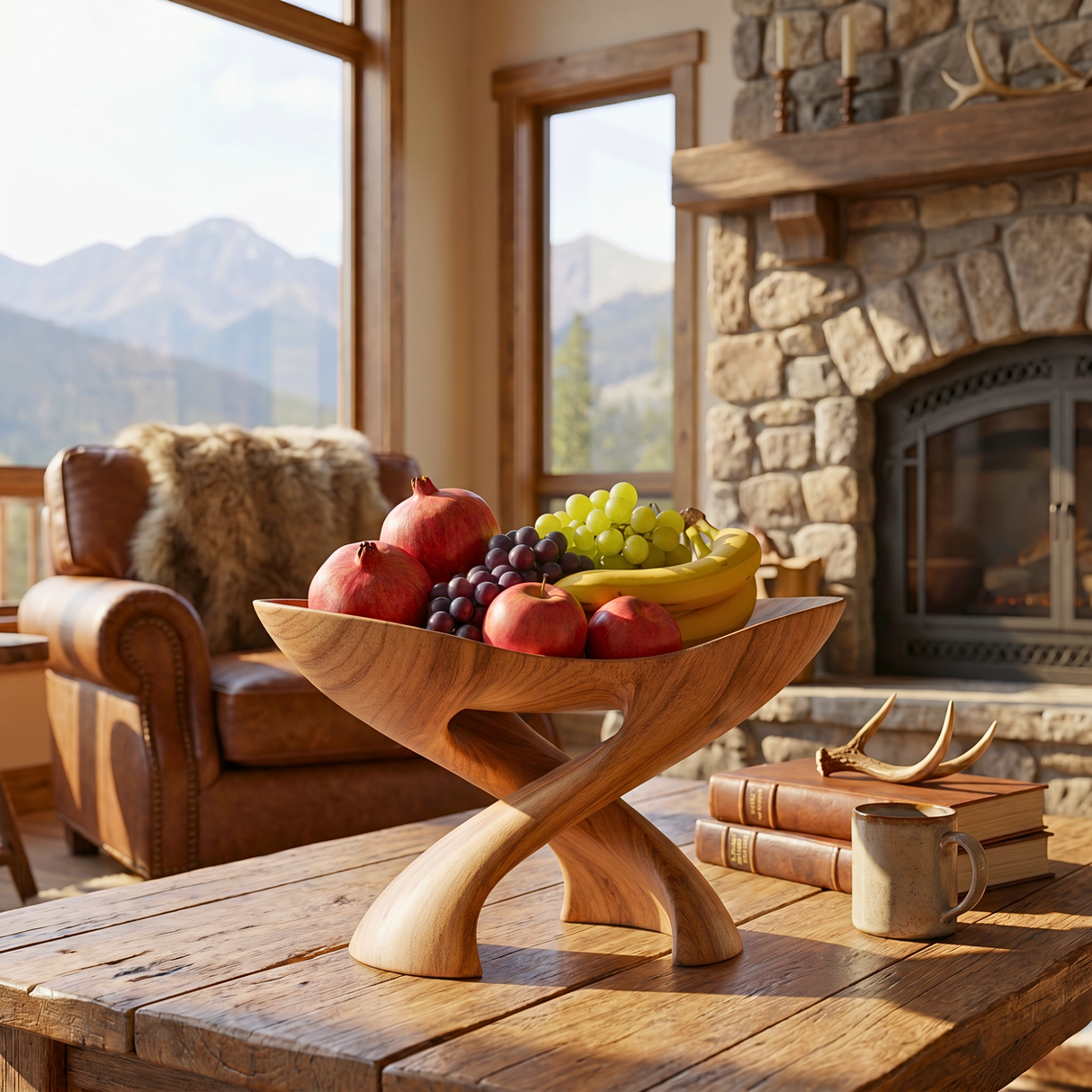 Solid Wood Cradle Fruit Bowl with Crossed Sculptural Pedestal Base