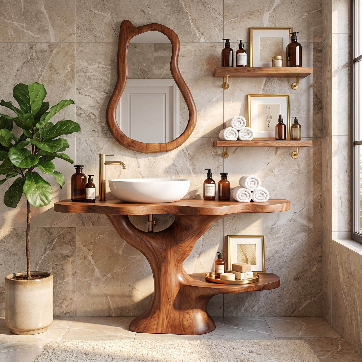 Bathroom Vanity Solid Wood with Tree Form Pedestal and Towel Shelf