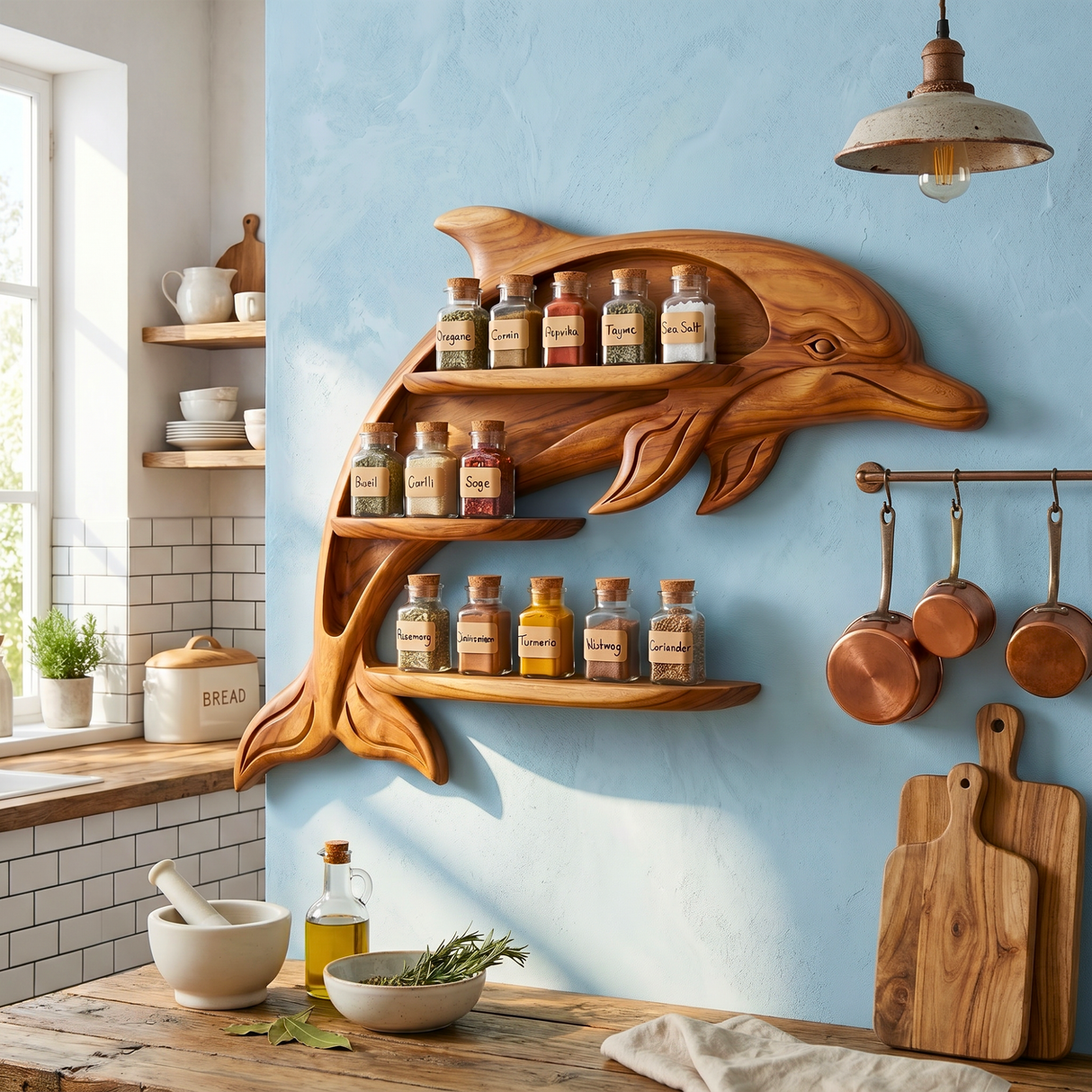 Sculptural Solid Wood Dolphin Spice Shelf with Staggered Wall Storage