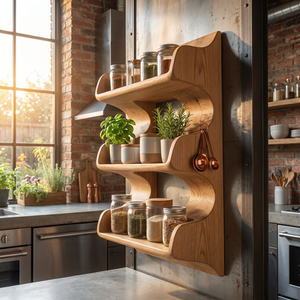 Solid Wood Organic Wall Spice Rack with Flowing Three Shelf Design