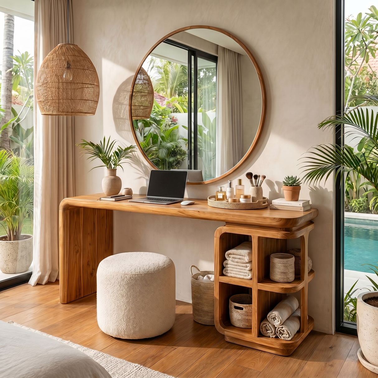 Handmade Solid Wood Vanity Table with Open Cubby Shelves and Waterfall Side