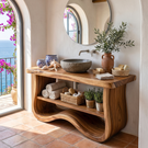 Organic Solid Wood Bathroom Vanity with Sculpted Wave Base