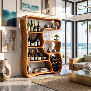 Wine Cabinet Solid Wood with Organic Open Shelves for Living Room Display