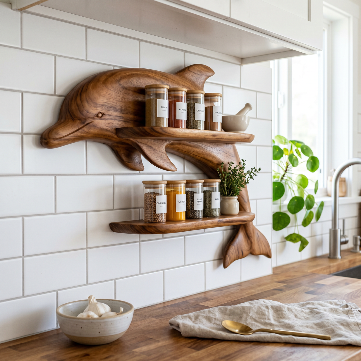 Solid Wood Dolphin Spice Rack with Double Shelf Wall Storage for Kitchen