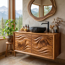 Artisan Solid Wood Bathroom Vanity with Hand Carved Wave Front