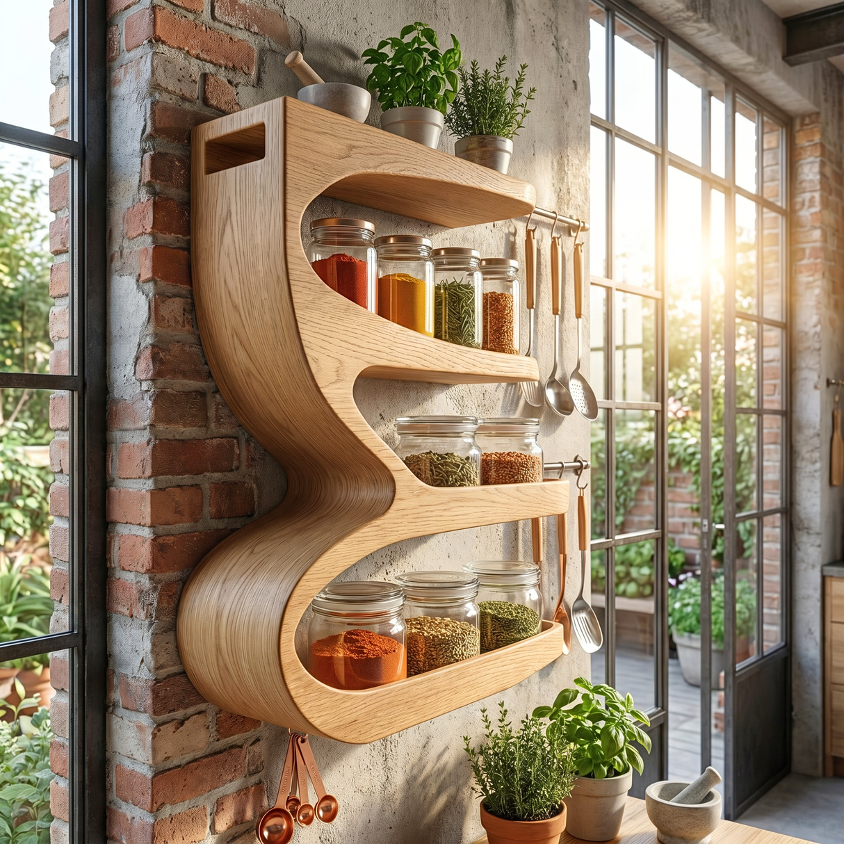 Solid Wood S Curve Wall Spice Rack with Three Open Kitchen Shelves