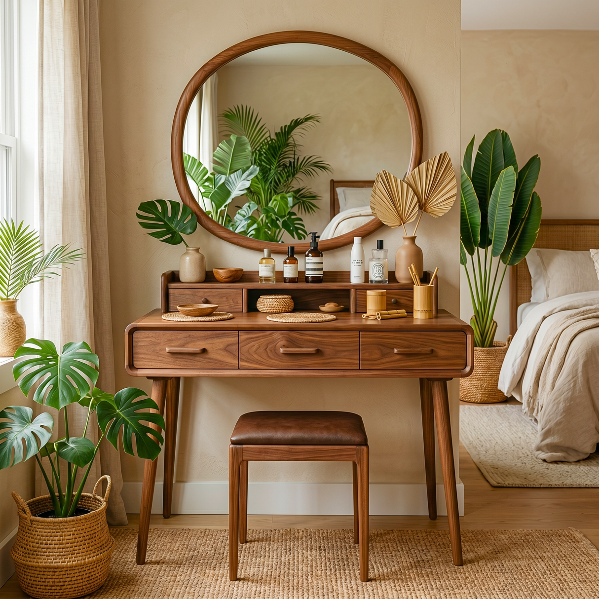 Solid Wood Makeup Vanity Table with Tiered Organizer Hutch and Three Storage Drawers