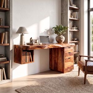 Solid Wood Desk With Drawers And Open Shelf For Home Office