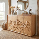 Natural Solid Wood Sideboard with Carved Mountain Landscape
