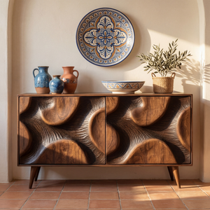 Sculpted Relief Solid Wood Sideboard Cabinet for Living and Dining