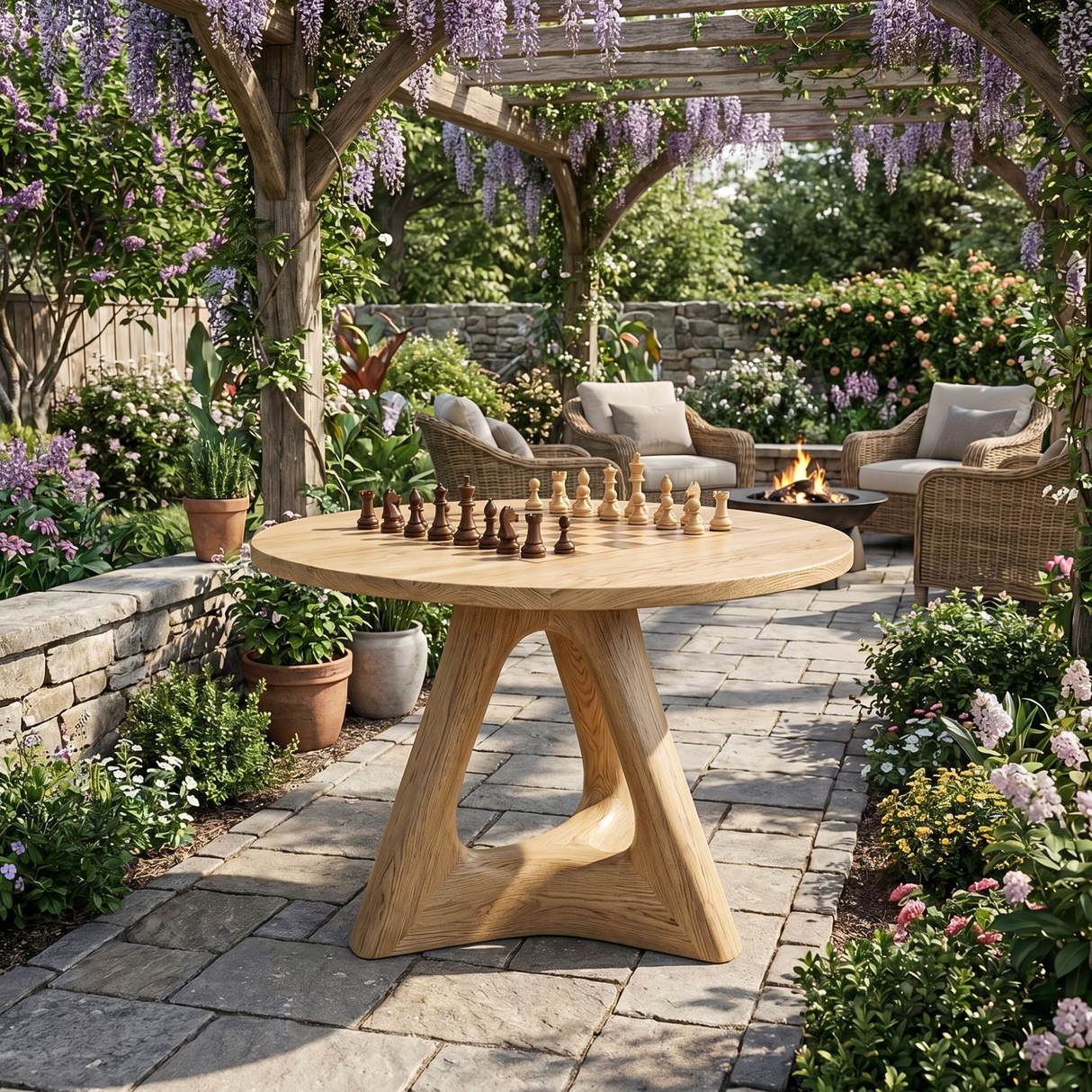 Handcrafted Round Solid Wood Chess Table with Organic Sculptural Base