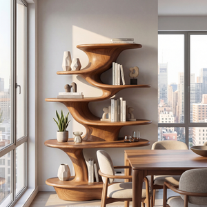 Cascade Form Wood Display Shelf with Sculpted Tiered Platforms