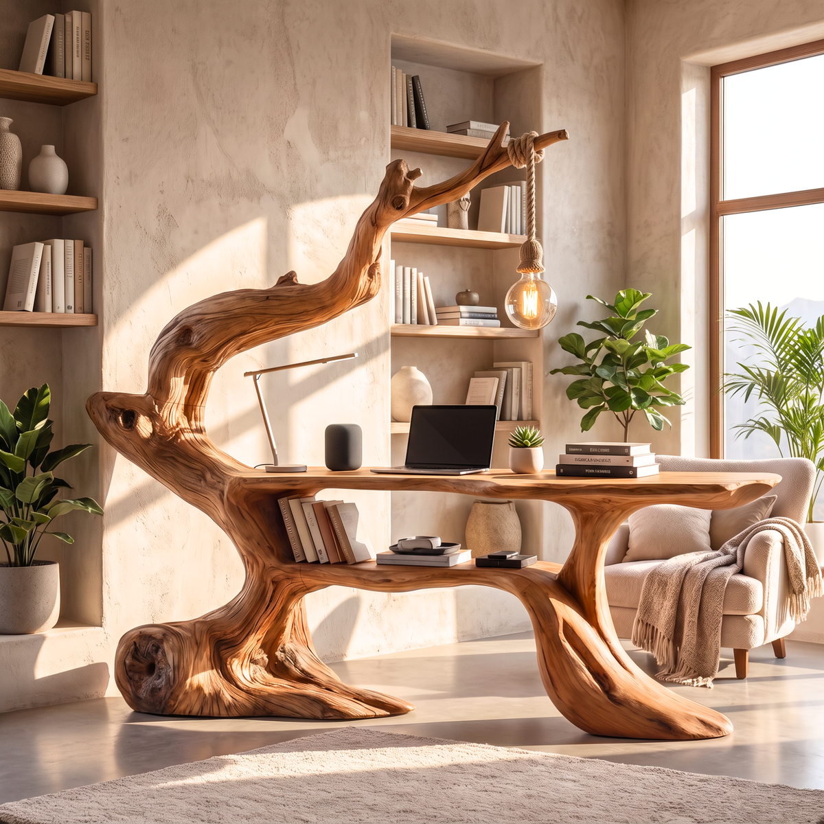 Handcrafted Sculptural Wood Desk with Hanging Light, Tree Inspired Writing Table, Artistic Statement Workspace