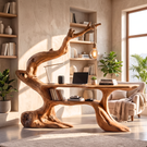 Handcrafted Sculptural Wood Desk with Hanging Light, Tree Inspired Writing Table, Artistic Statement Workspace