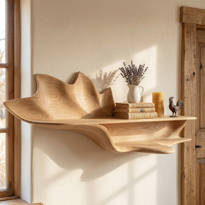 Handcrafted Solid Wood Petal Wall Shelf with Lower Display Ledge