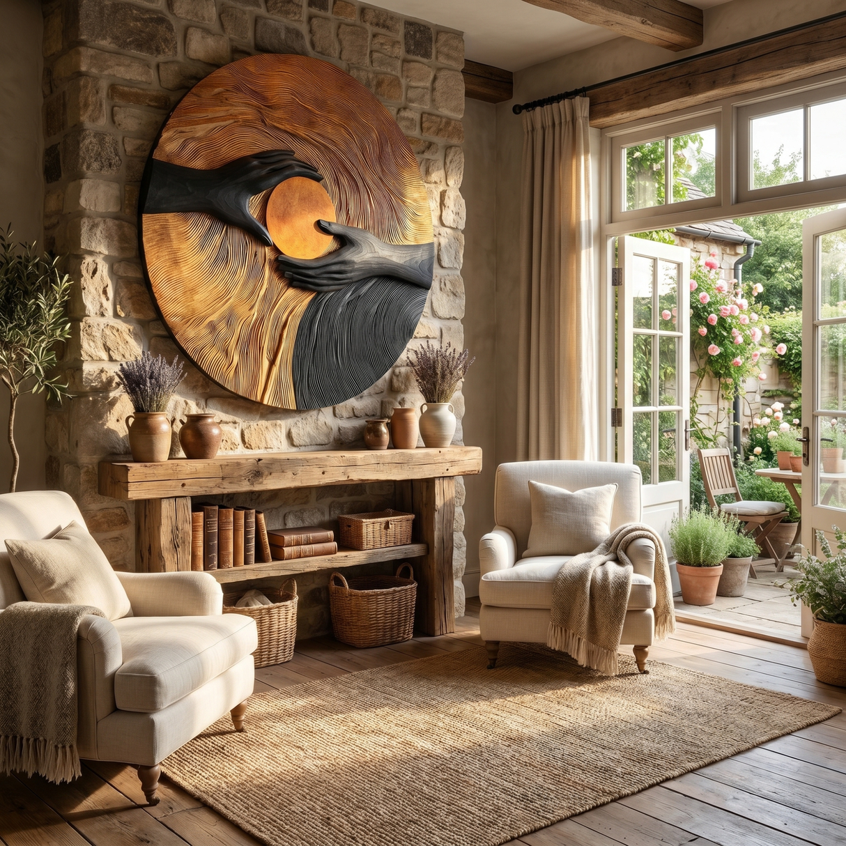 Solid Wood Wall Art with Hand Embrace Relief and Radiant Circle Center