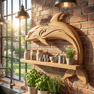 Solid Wood Dolphin Wall Shelf Spice Rack with Long Open Jar Display