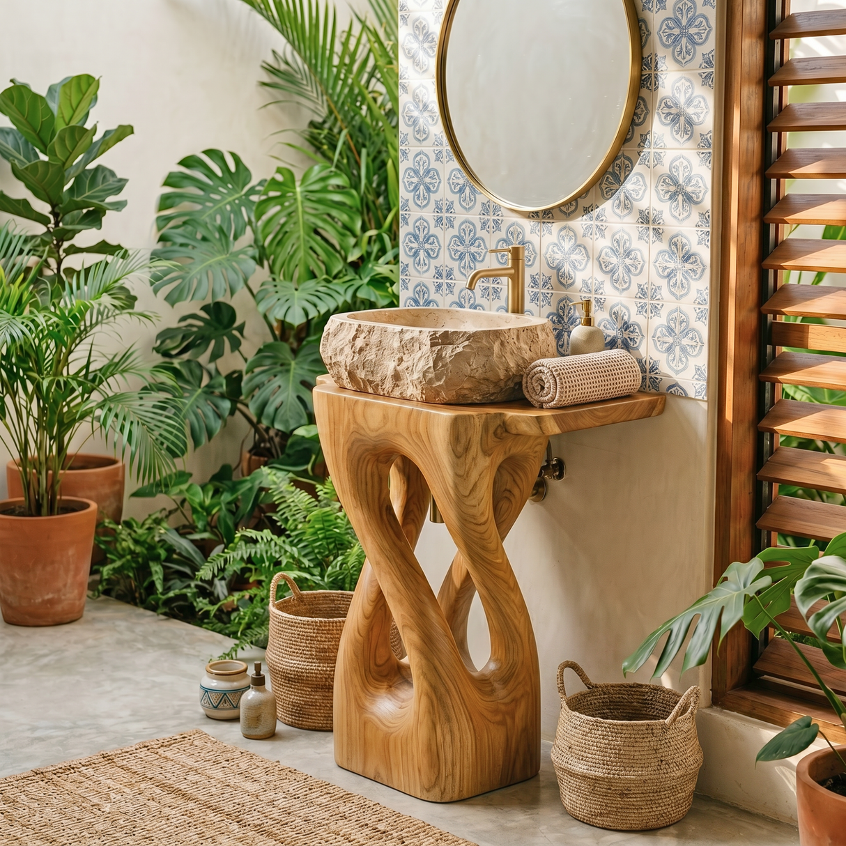 Organic Carved Solid Wood Pedestal Sink Stand with Open Sculptural Form