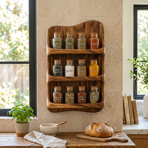 Curved Solid Wood Wall Spice Organizer with Three Open Display Tiers