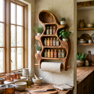 Organic Solid Wood Wall Spice Organizer with Plant Shelves and Towel Roll Holder