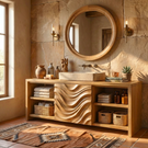Solid Wood Bathroom Vanity with Wave Carved Center Panel and Open Shelf Storage