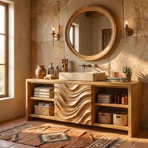 Solid Wood Bathroom Vanity with Wave Carved Center Panel and Open Shelf Storage