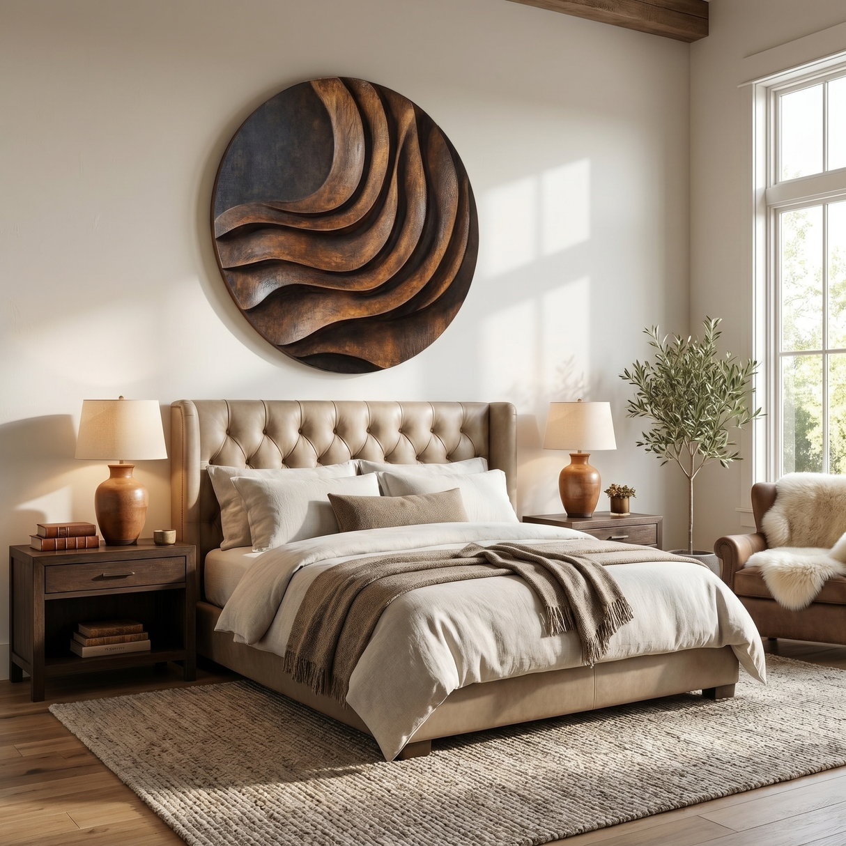 Handcrafted Solid Wood Wall Sculpture with Layered Curved Relief and Round Statement Form
