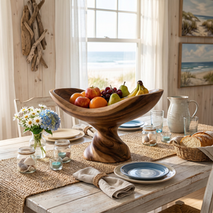 Solid Wood Floating Cradle Fruit Bowl with Twisted Sculptural Pedestal